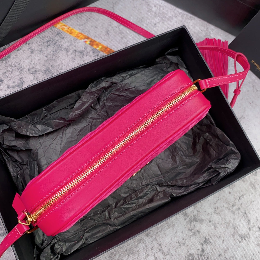 Luxury Saint Laurent LOU CAMERA BAG 23 IN BRIGHT PINK SUEDE AND CALFSKIN TRIM