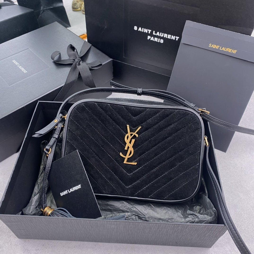 Luxury Saint Laurent LOU CAMERA BAG 23 IN BLACK SUEDE AND CALFSKIN TRIM