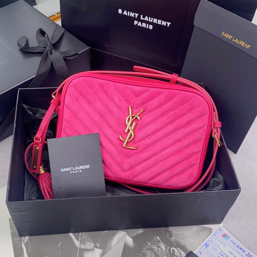 Luxury Saint Laurent LOU CAMERA BAG 23 IN BRIGHT PINK SUEDE AND CALFSKIN TRIM