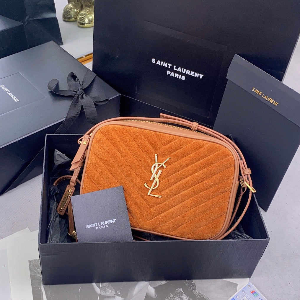 Luxury Saint Laurent LOU CAMERA BAG 23 IN SPANISH ORANGE SUEDE AND BROWN CALFSKIN TRIM