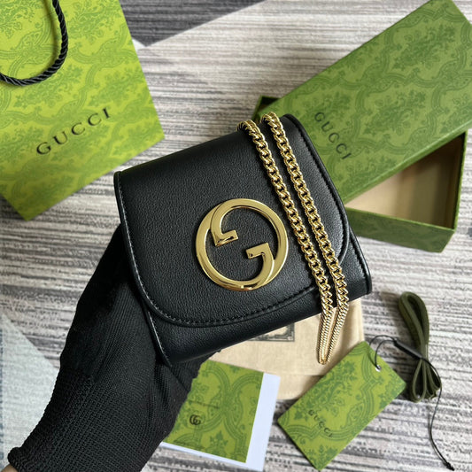 Luxury Gucci BLONDIE INTERLOCK MINI SHOULDER BAG 12 IN BLACK CALFSKIN GOLD CHAIN