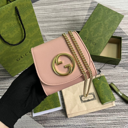 Luxury Gucci BLONDIE INTERLOCK MINI SHOULDER BAG 12 IN LIGHT PINK CALFSKIN GOLD CHAIN