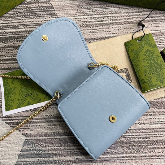 Luxury Gucci BLONDIE INTERLOCK MINI SHOULDER BAG 12 IN SKY BLUE CALFSKIN GOLD CHAIN