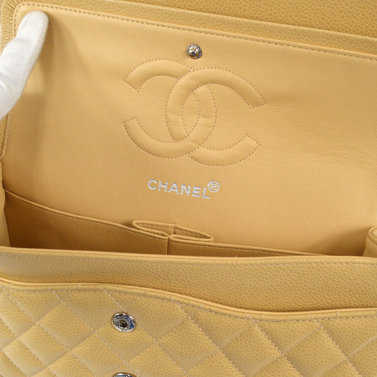 CHANEL Classic Double Flap Medium Shoulder Bag Beige Caviar 66603