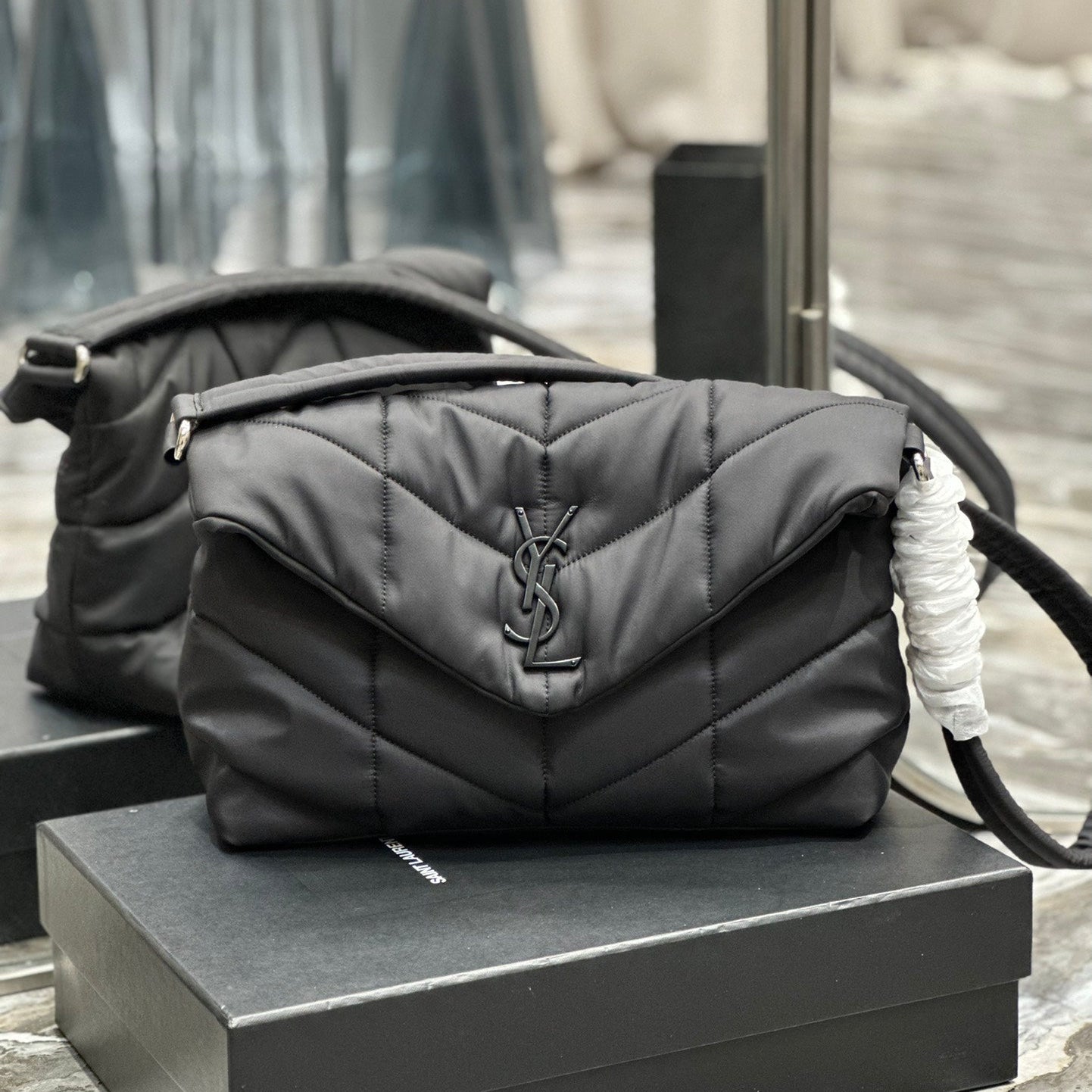 Luxury Saint Laurent PUFFER LARGE BAG 34 IN DARK GRAY NYLON