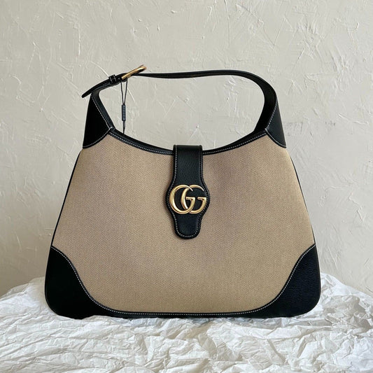 Luxury Gucci LARGE APHRODITE 47 BAG BEIGE CANVAS AND BLACK CALFSKIN