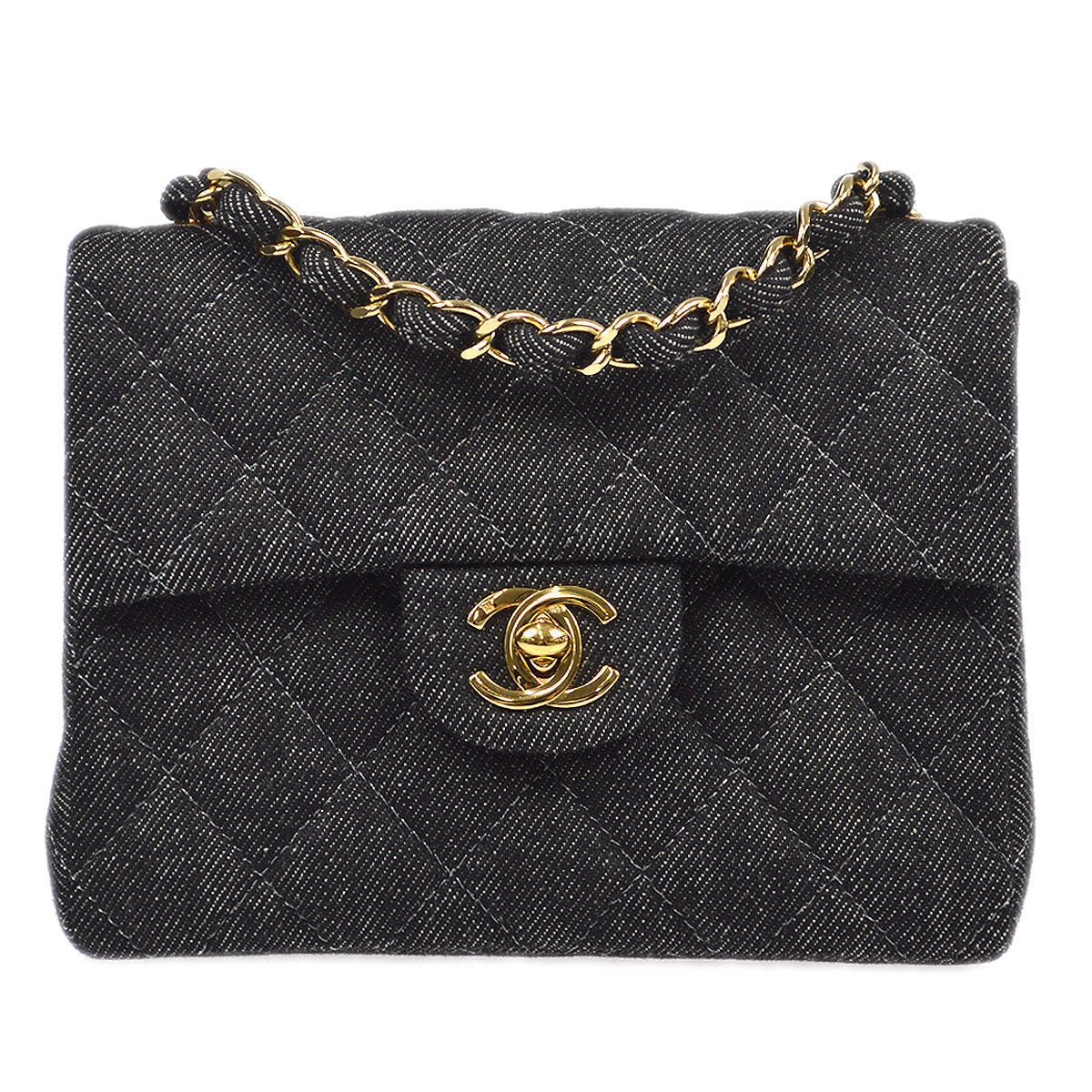 CHANEL 1997-1999 Classic Flap Mini Square 17 Black Denim 77473