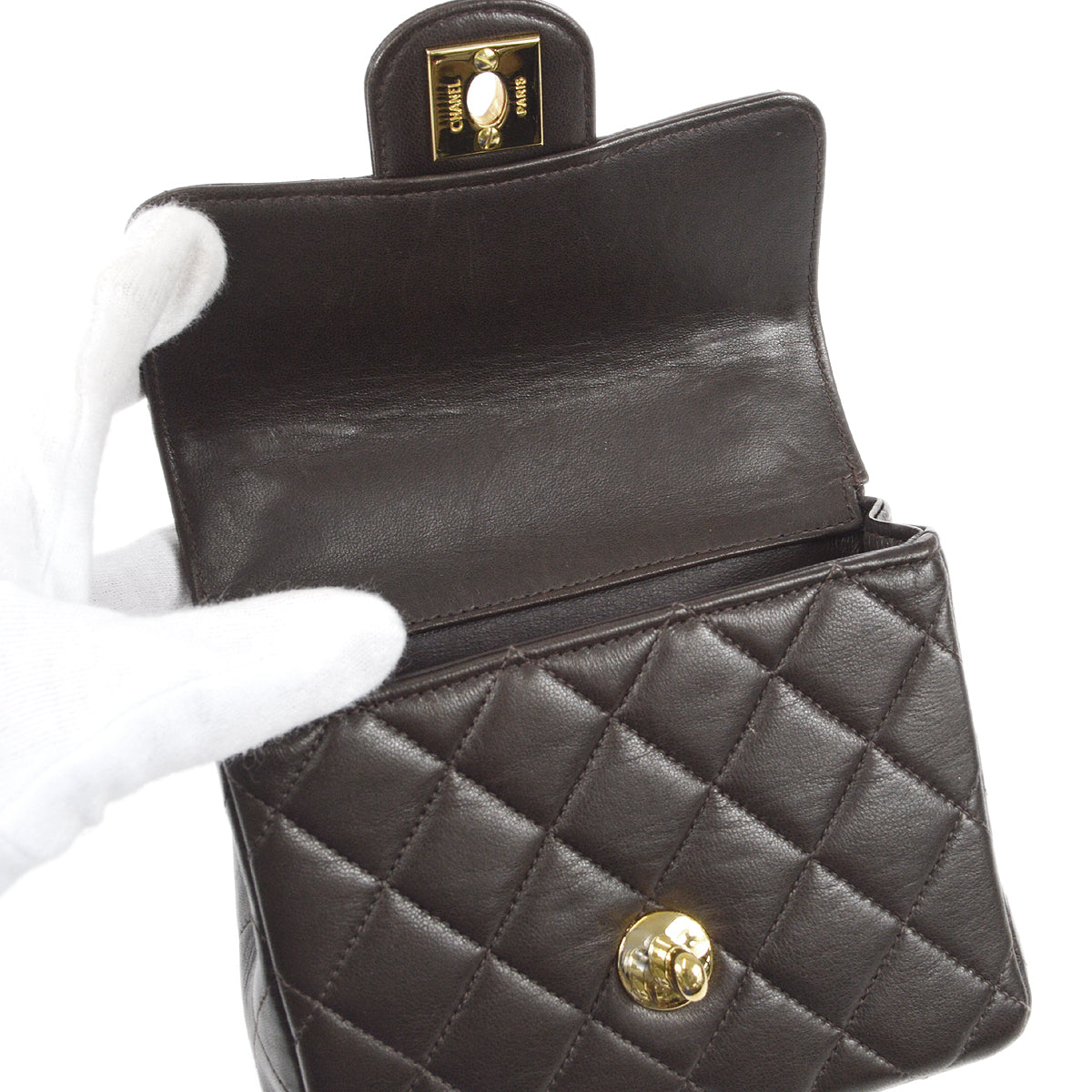 CHANEL Classic Flap Handbag Micro Brown Lambskin 96861