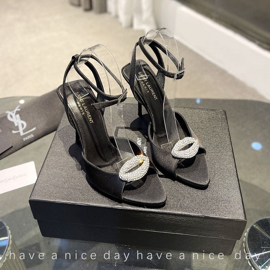 Luxury Saint Laurent SL AYERS CRYSTAL SANDAL BLACK SATIN