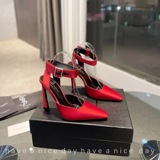 Luxury Saint Laurent SL FANNY SLINGBACK PUMPS RED SATIN