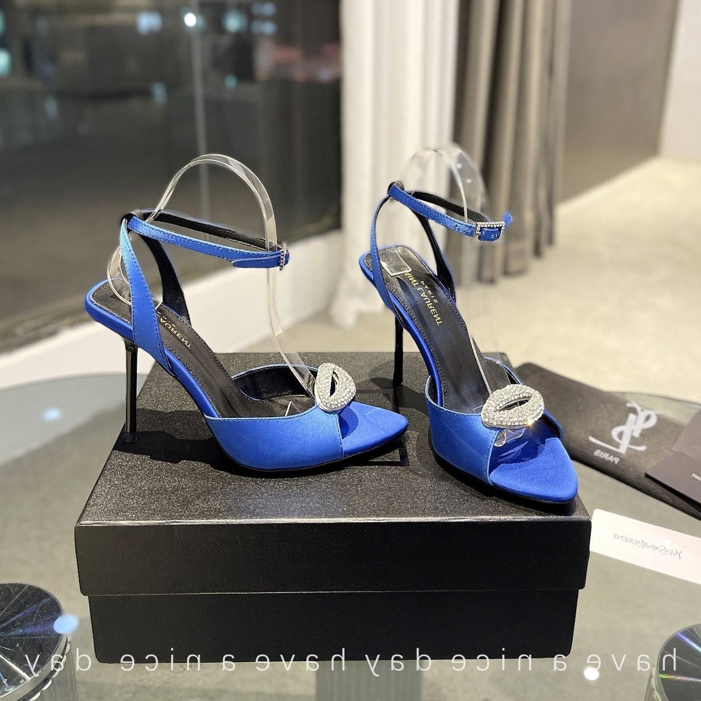 Luxury Saint Laurent SL AYERS CRYSTAL SANDAL COBALT SATIN
