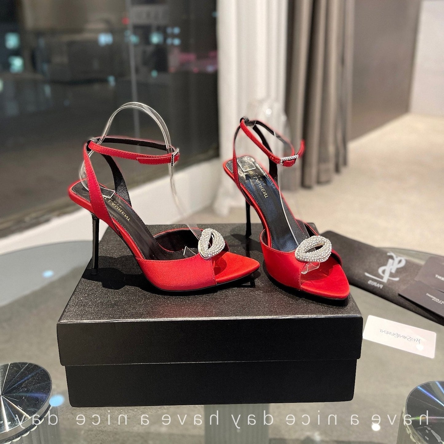 Luxury Saint Laurent SL AYERS CRYSTAL SANDAL RED SATIN