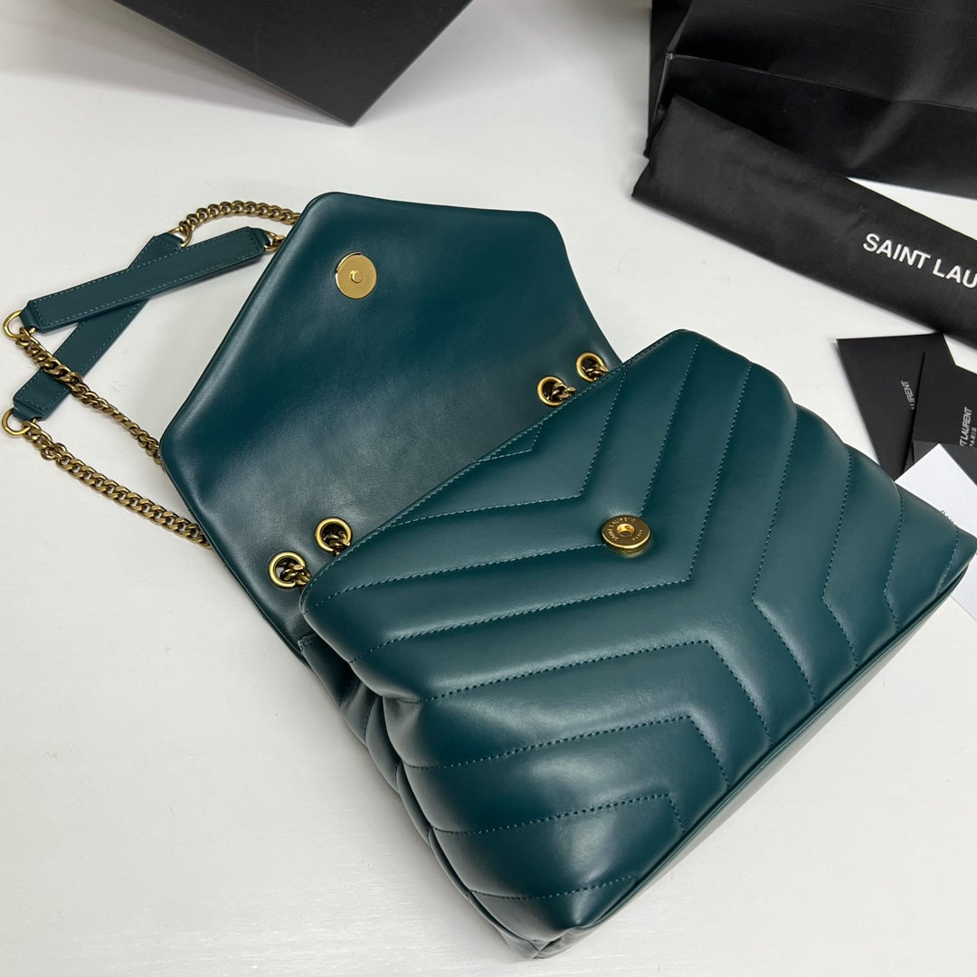 Luxury Saint Laurent LOULOU SMALL 25 IN DEEP JUNGLE GREEN LAMBSKIN GOLD HARDWARE