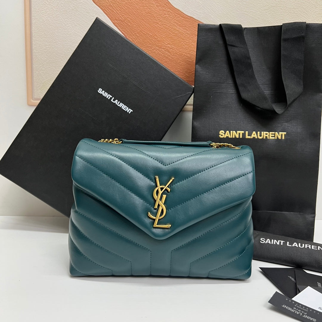 Luxury Saint Laurent LOULOU SMALL 25 IN DEEP JUNGLE GREEN LAMBSKIN GOLD HARDWARE