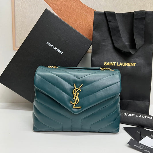 Luxury Saint Laurent LOULOU SMALL 25 IN DEEP JUNGLE GREEN LAMBSKIN GOLD HARDWARE