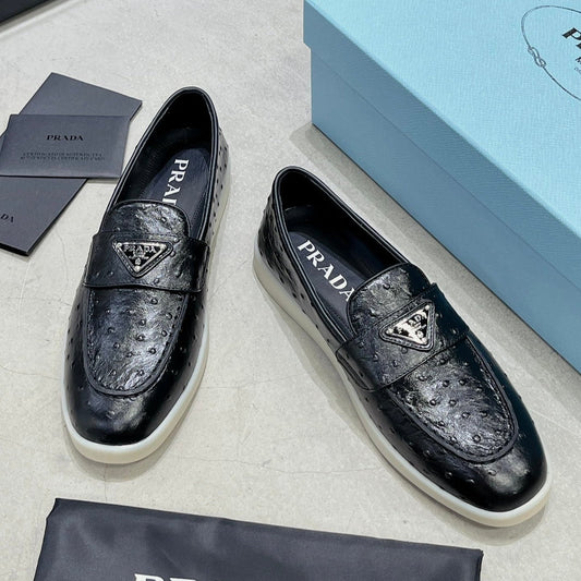 Luxury PradaOSTRICH PATTERN LOAFERS BLACK CALFSKIN