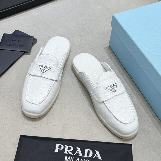 Luxury PradaOSTRICH PATTERN MULES WHITE CALFSKIN