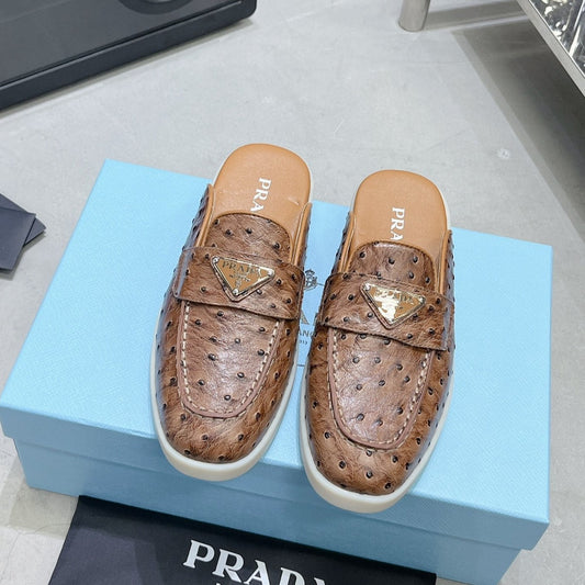 Luxury PradaOSTRICH PATTERN MULES CARAMEL CALFSKIN