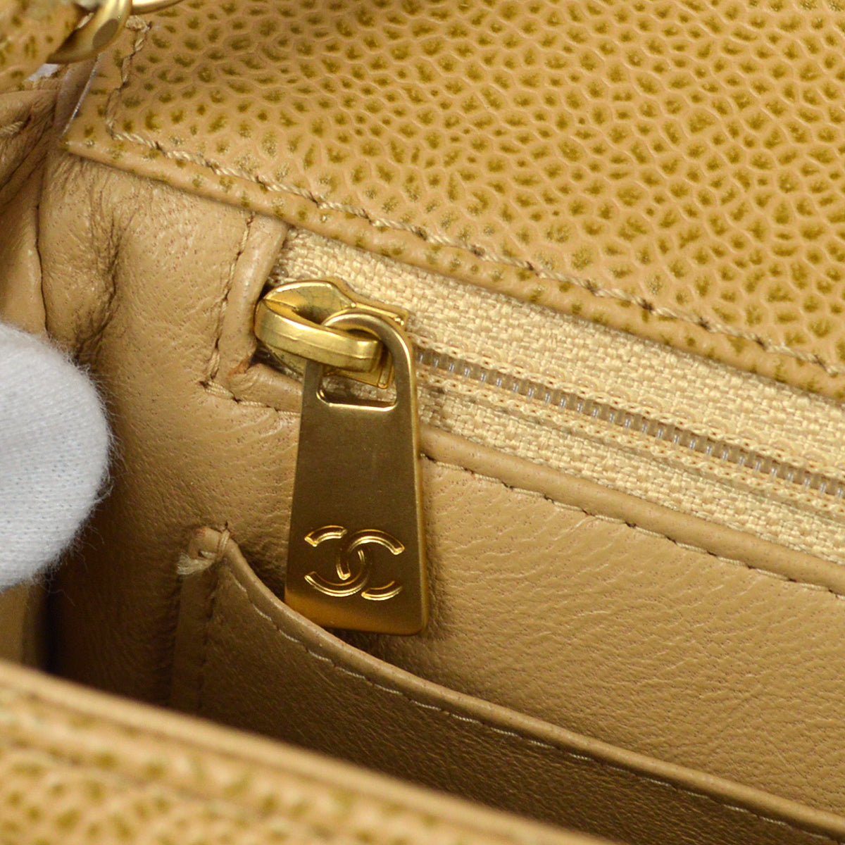 CHANEL * 2003-2004 Wood Detailed Strait Flap Small Beige Caviar 97686