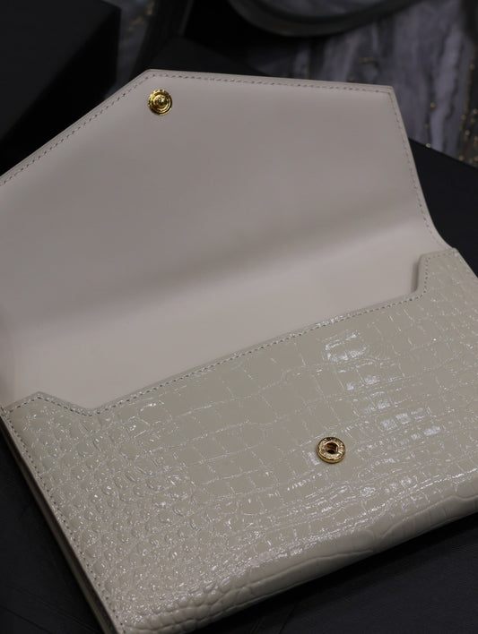 Luxury Saint Laurent UPTOWN WALLET 21 IN WHITE CROCODILE PATTERN CALFSKIN GOLD LOGO