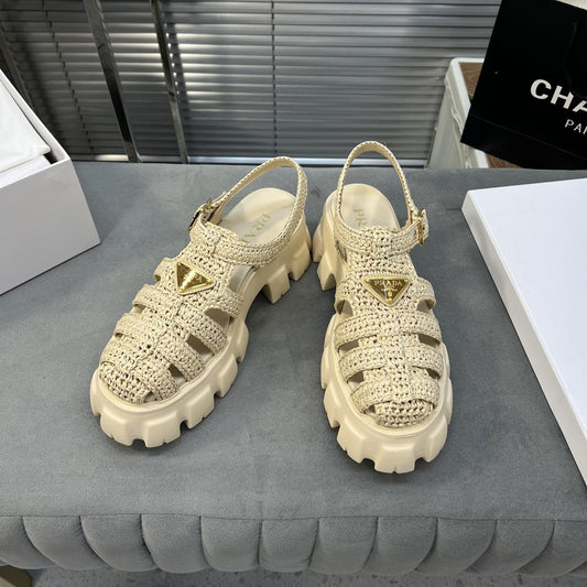 Luxury PradaMonolith Crochet Cage Sandals 55 Beige