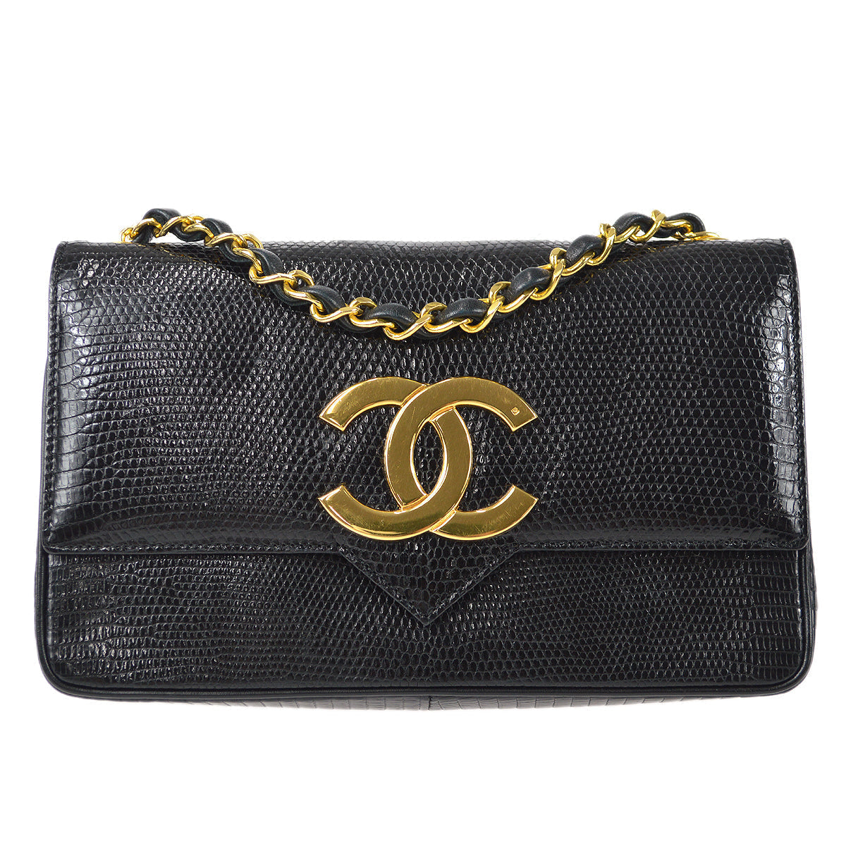 CHANEL * Straight Flap Chain Shoulder Bag Black Lizard 98558