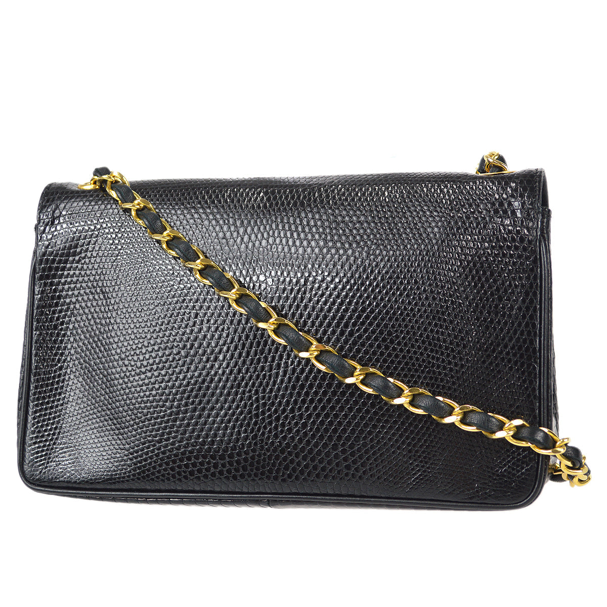 CHANEL * Straight Flap Chain Shoulder Bag Black Lizard 98558