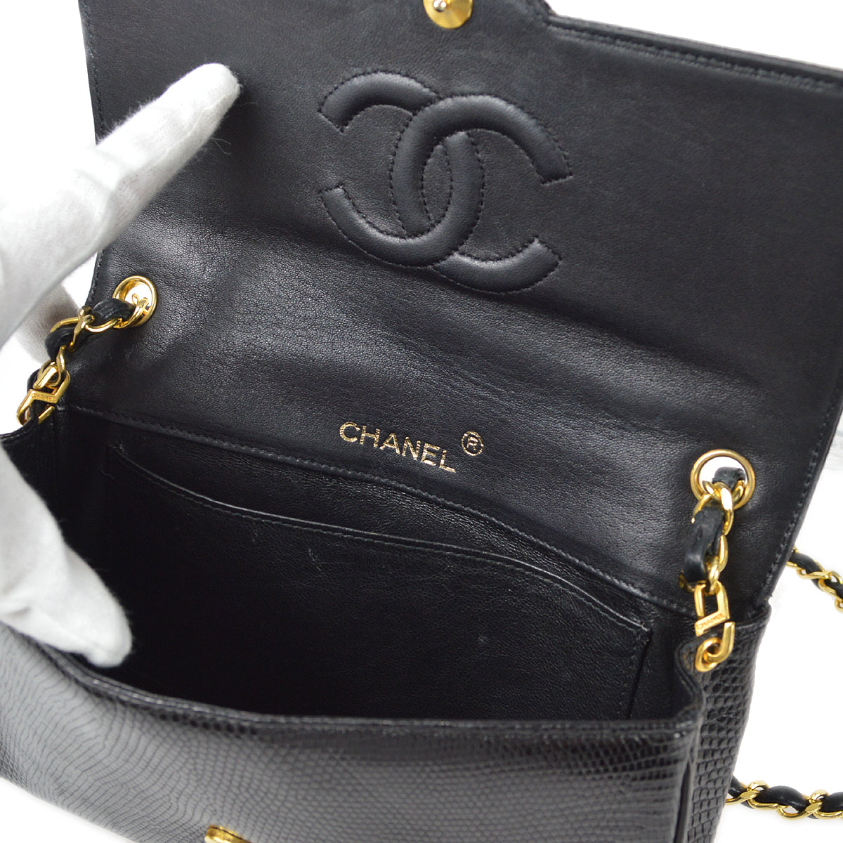CHANEL * Straight Flap Chain Shoulder Bag Black Lizard 98558