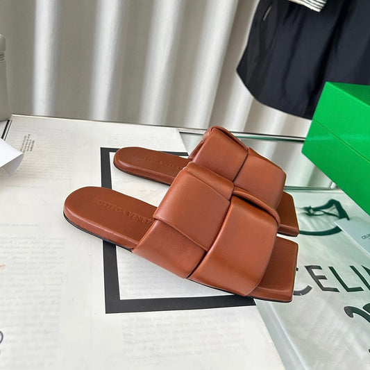 Luxury Bottega Veneta patch mule flat brown lambskin