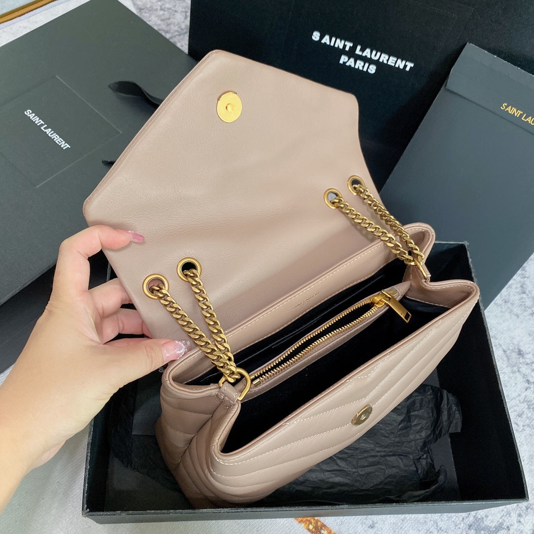 Luxury Saint Laurent LOULOU PUFFER SMALL 25CM DARK BEIGE QUILTED LAMBSKIN