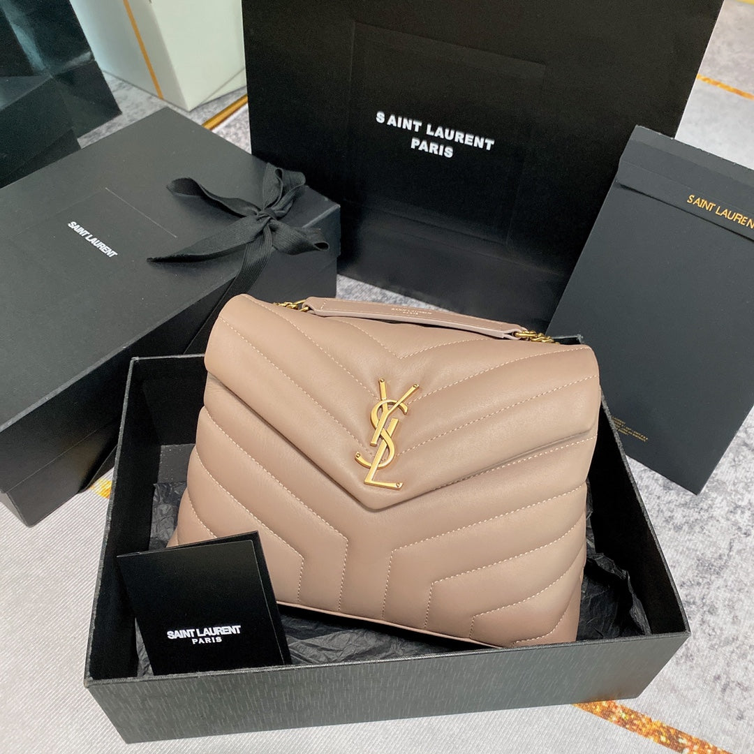 Luxury Saint Laurent LOULOU PUFFER SMALL 25CM DARK BEIGE QUILTED LAMBSKIN