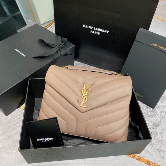 Luxury Saint Laurent LOULOU PUFFER SMALL 25CM DARK BEIGE QUILTED LAMBSKIN