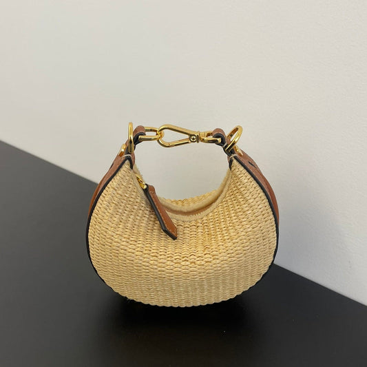 Luxury FendiFENDIGRAPHY MINI 16 IN BEIGE STRAW AND BROWN CALFSKIN TRIM GOLD HARDWARE