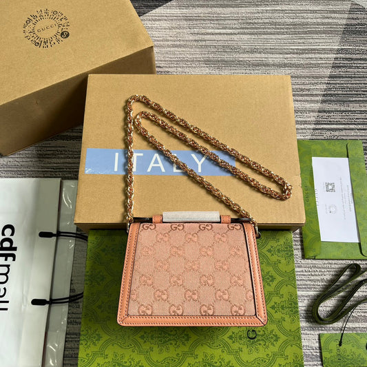 Luxury Gucci GG OPHIDIA MINI 17 HANDBAG IN LIGHT PINK CANVAS