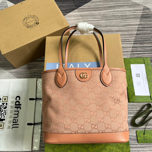 Luxury Gucci GG OPHIDIA SMALL 25 TOTE BAG IN LIGHT PINK CANVAS