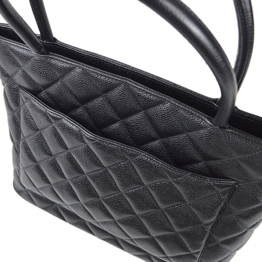Luxury Chanel Medallion Quilted Tote Handbag Black Caviar 78481