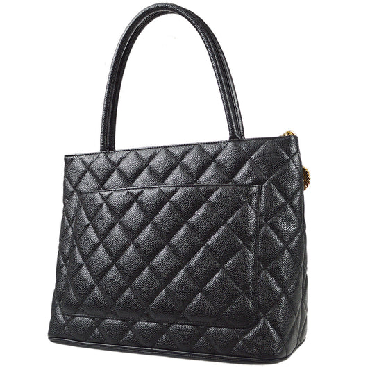 Luxury Chanel Medallion Quilted Tote Handbag Black Caviar 78500