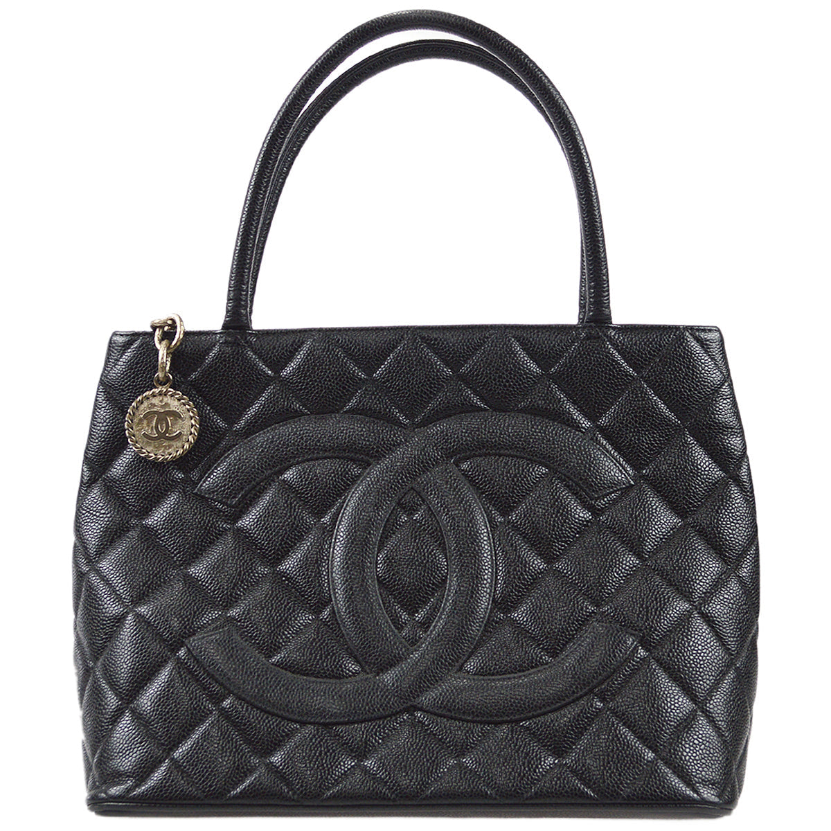 Luxury Chanel Medallion Quilted Tote Handbag Black Caviar 78536
