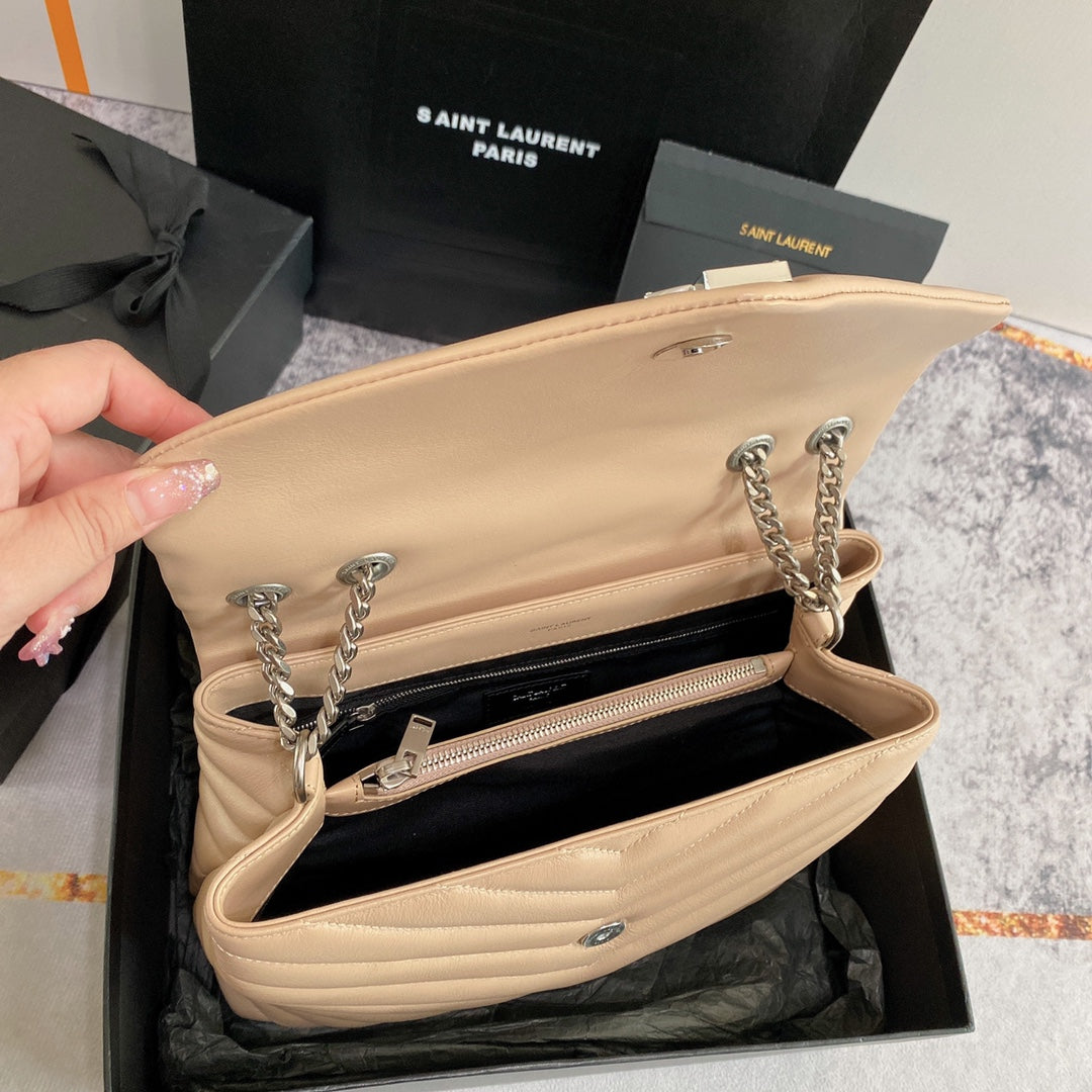 Luxury Saint Laurent LOULOU MEDIUM 32 BEIGE QUILTED LEATHER SILVER HARDWARE