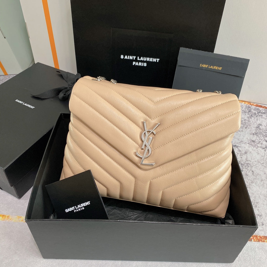 Luxury Saint Laurent LOULOU MEDIUM 32 BEIGE QUILTED LEATHER SILVER HARDWARE