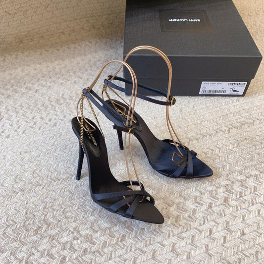 Luxury Saint Laurent CROSS STRAP HIGH HEEL IN BLACK SILK GOLD CHAIN