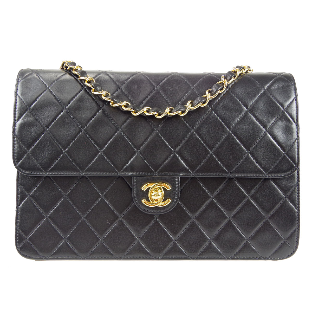 CHANEL Classic Flap Single Chain Shoulder Bag Black Lambskin 67723