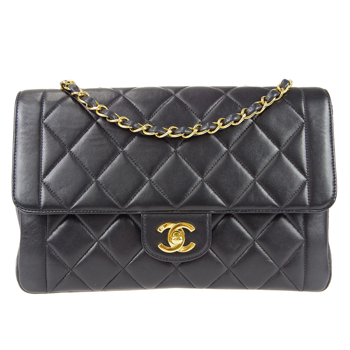 CHANEL Classic Flap Double Chain Shoulder Bag Black Lambskin 67933