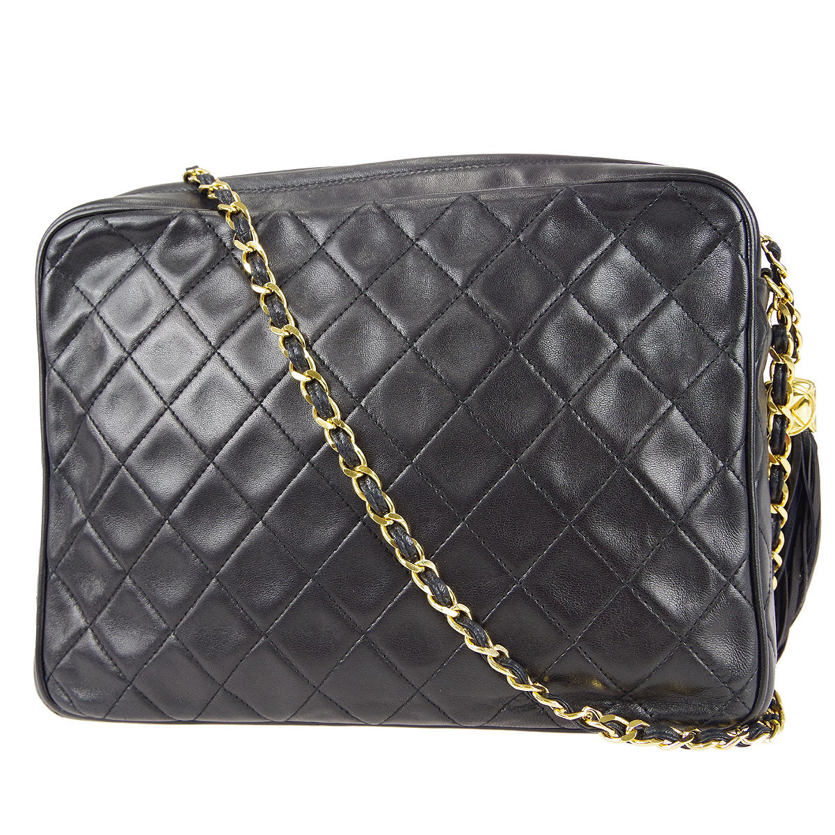 Luxury Chanel Fringe Chain Shoulder Bag Black Lambskin 67936