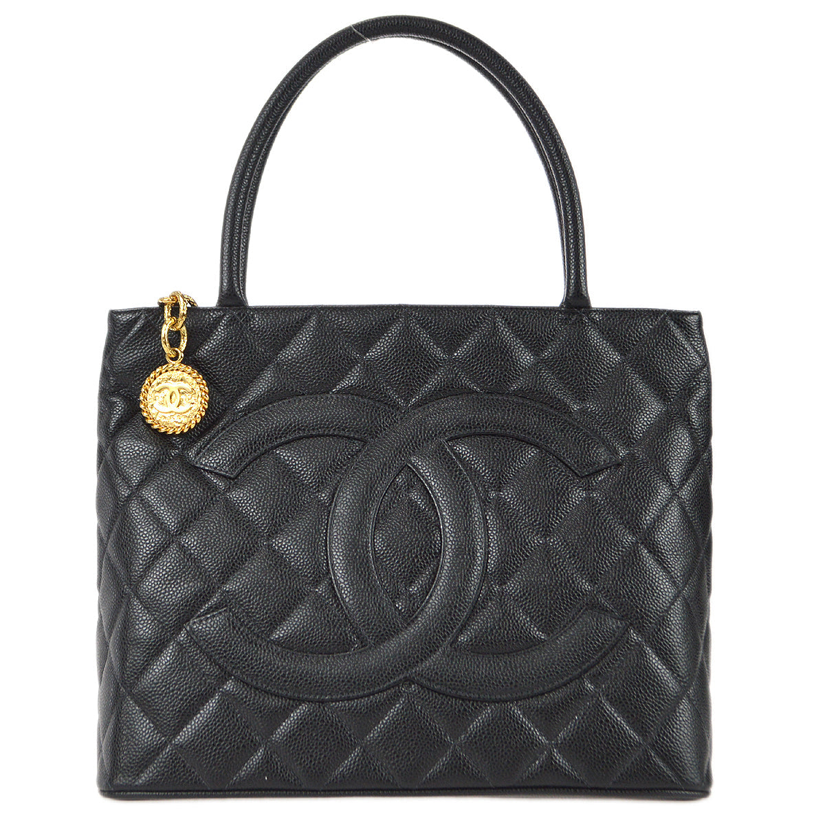 Luxury Chanel Medallion Quilted Tote Handbag Black Caviar 78342