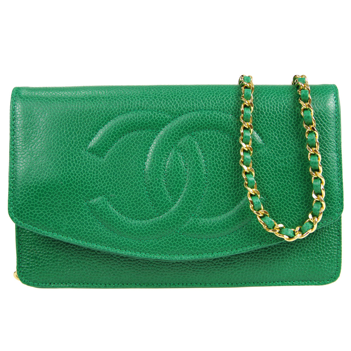 Luxury Chanel * WOC Chain Shoulder Wallet Bag Green Caviar 89657