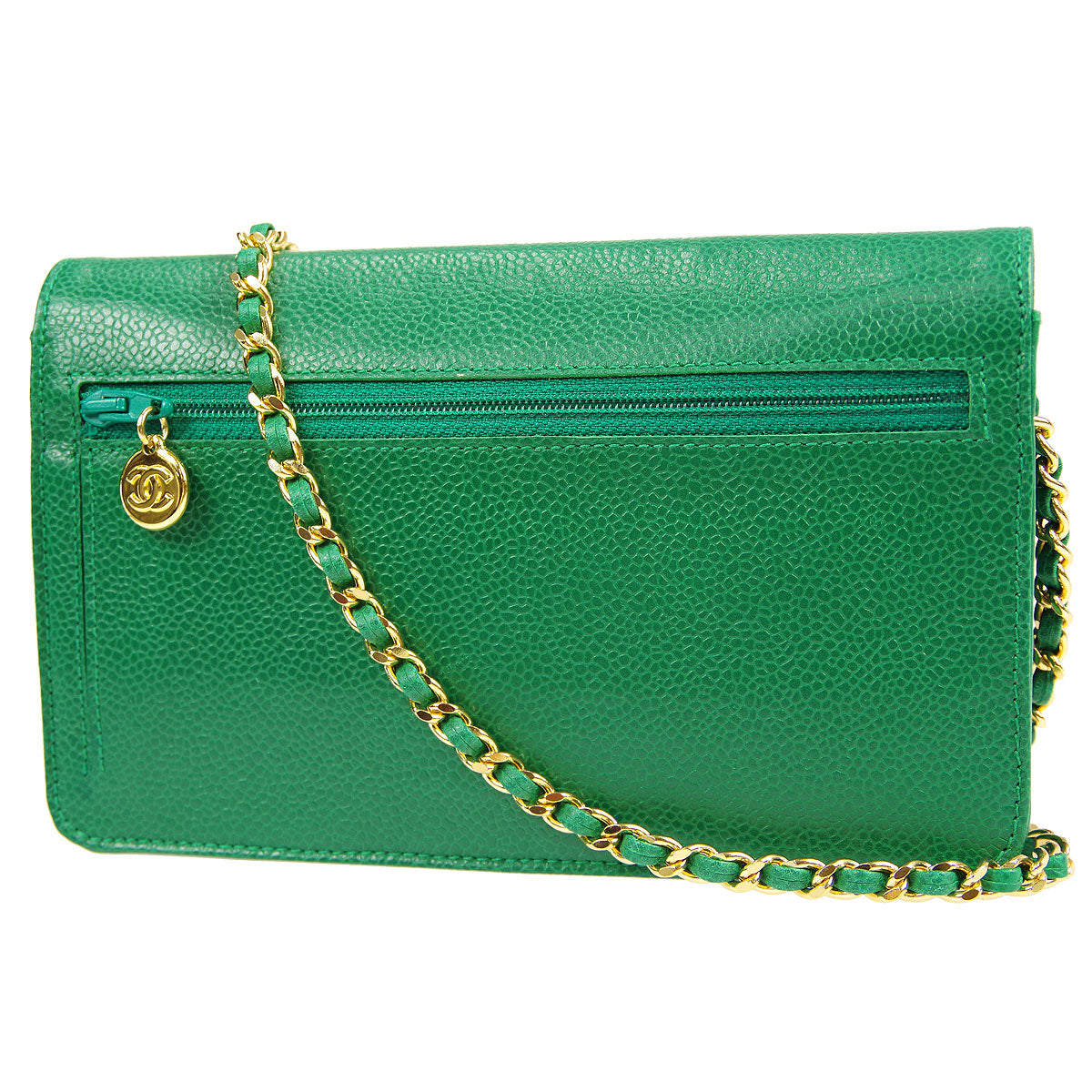 Luxury Chanel * WOC Chain Shoulder Wallet Bag Green Caviar 89657
