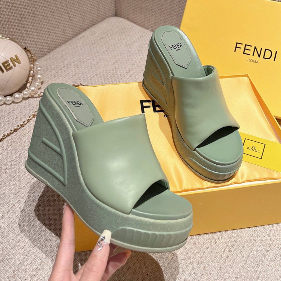 Luxury FendiLuxury FendiBAGUETTE WEDGE PLATFORM  85MM IN SEAFOAM GREEN CALFSKIN
