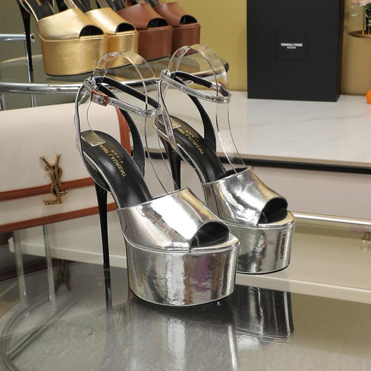 Luxury Saint Laurent SL SUPER HIGH HEELS SANDAL SILVER CALFSKIN