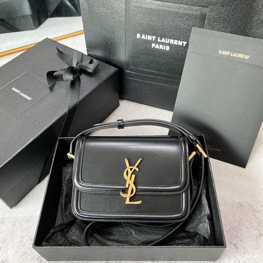 Luxury Saint Laurent SOLFERINO SMALL SATCHEL 19 IN BLACK CALFSKIN GOLD LOGO